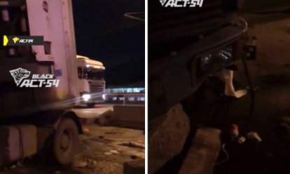 Машину развернуло: водитель выпал из кабины тягача на мосту в Новосибирске