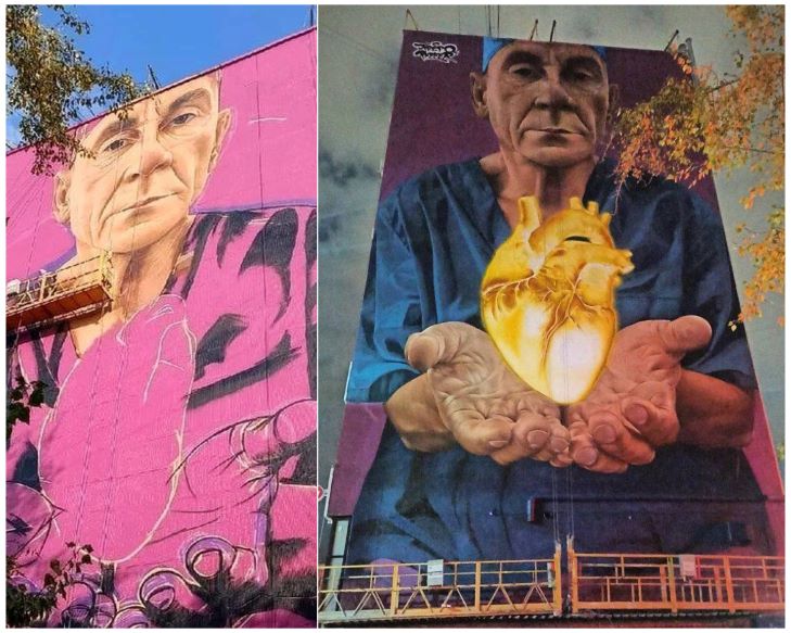 Врача с пылающим сердцем на стене дома в Новосибирске нарисовал мексиканский художник Паркер
