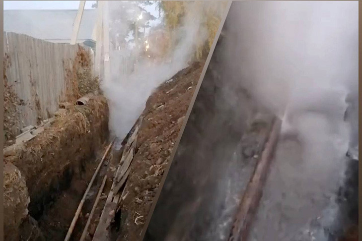 Гейзеры забили в 1-м переулке Костычева в Новосибирске