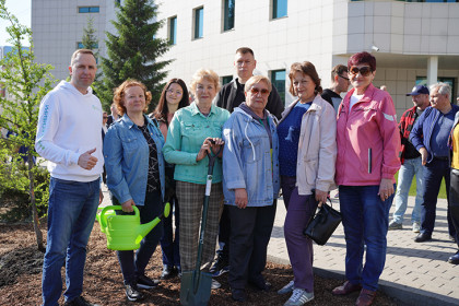 Сибирские лиственницы высадили у здания Сбера накануне Дня предпринимателя