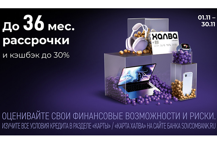 «Черная пятница с «Халвой» от Совкомбанка: розыгрыш 3 млн рублей, кэшбэк до 30%, рассрочка до 36 месяцев и подарки от партнеров